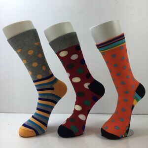 Mens Crew Socks Set 3 Polka Dots Stripes Gray Orange Red Blue Beige Black